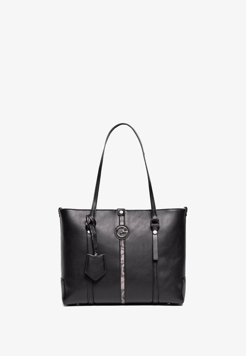 Czarna skórzana torba tote z podwójnymi uchwytami, z centralnym logo i dekoracyjnym paskiem. Zawiera boczną kieszeń i gładką teksturę.