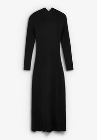 Vestido negro de manga larga con un corsé ajustado y falda acampanada. Presenta un escote en forma de V y una textura acanalada en toda la tela.