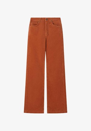 Wijd-uitlopende broeken van burnt orange stof, met een knoopsluiting, twee zijzakken en een vlakke voorkant met subtiele stiksels.