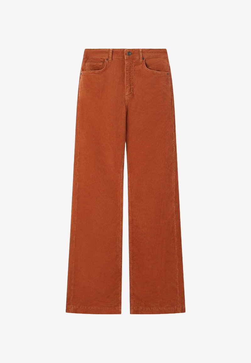 Pantalons larges en tissu orange brûlé, présentant une fermeture à bouton, deux poches avant et un design plat à l'avant avec des détails de couture subtils.