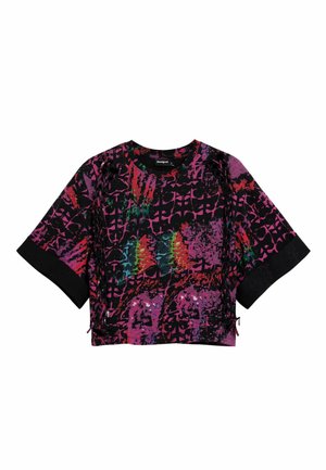 Top cu mâneci scurte, cropped, de culoare neagră, cu un model vibrant, abstract și multicolor, cu decolteu rotund și șnururi laterale pentru ajustarea potrivirii.