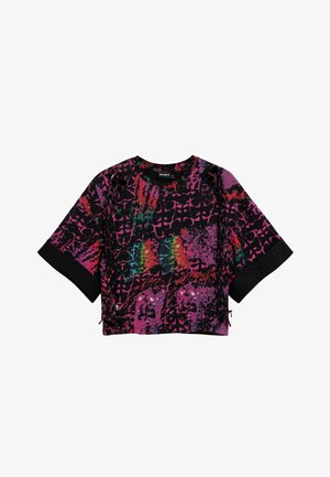 Čierne krátke tričko s krátkym rukávom a skráteným strihom, zdobené výrazným abstraktným viacfarebným vzorom, s okrúhlym výstrihom a bočnými šnúrkami pre nastaviteľné priliehanie.