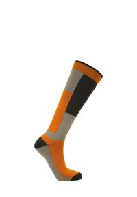 Knæhøje sokker med et geometrisk design i orange, grå og sort, med ribbet top og polstret sål for komfort.
