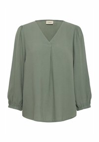 Blusa verde con scollo a V, maniche lunghe a sbuffo e tessuto strutturato. Presenta un delicato dettaglio plissettato davanti e polsini elastici.
