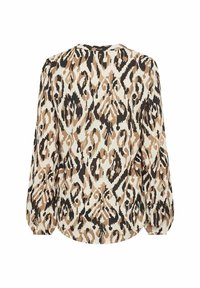 Blouse imprimée léopard avec des manches longues, un col rond et une coupe décontractée. Les couleurs incluent beige, marron, noir et crème.