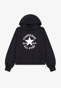 Hoodie noir en coton avec un graphique frontal représentant une étoile blanche et le texte « Converse Chuck Taylor All Star ». Manches longues, coupe décontractée.