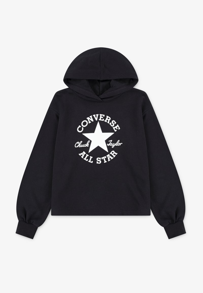 Hoodie noir en coton avec un graphique frontal représentant une étoile blanche et le texte « Converse Chuck Taylor All Star ». Manches longues, coupe décontractée.