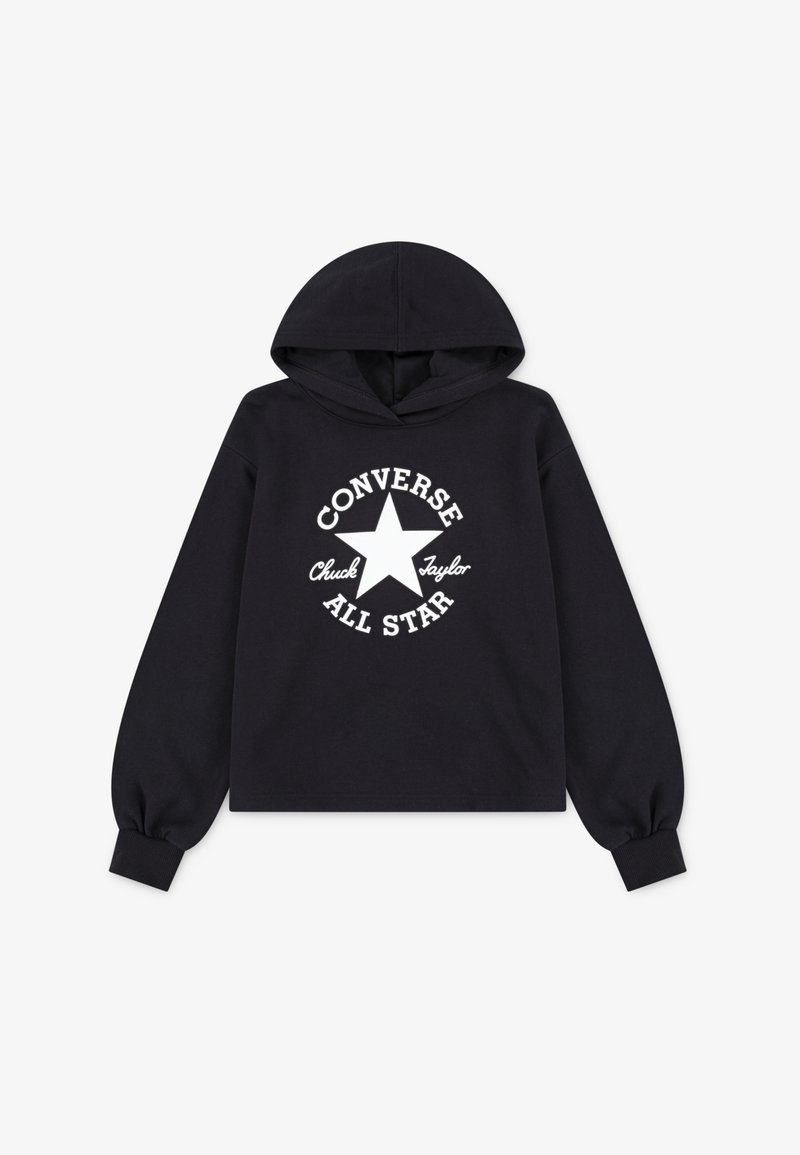 Čierna mikina s kapucňou vyrobená z bavlny, s predným grafickým motívom, ktorý zobrazuje bielu hviezdu a text "Converse Chuck Taylor All Star." Dlhé rukávy, voľný strih.