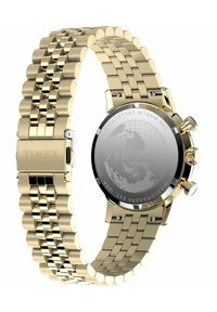 Montre en acier inoxydable doré avec un bracelet à maillons. Le cadran rond présente un fond noir et des accents dorés. Globe gravé au dos.