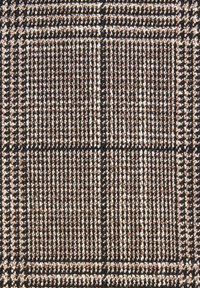 Tkanina w beżowo-czarny wzór w kratkę, z widoczną teksturą i kontrastującymi nitkami. Kwadraty i linie są równo rozmieszczone.