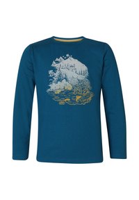 Langärmliges, türkisfarbenes Baumwoll-T-Shirt mit einem silbernen und goldenen Berg- und Tiermotiv. Rundhalsausschnitt mit kontrastierender Innenverzierung.