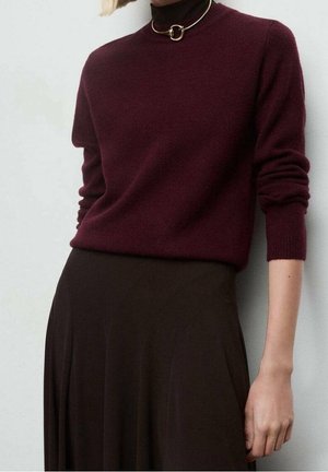 Personne portant un pull bordeaux foncé avec un collier ras du cou doré et une jupe marron foncé, debout devant un fond clair.