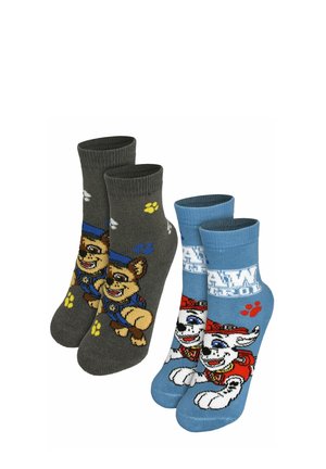 Two pairs of children's socks featuring Paw Patrol characters, one gray with Chase and one blue with Marshall, both with paw prints.