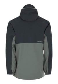 Tummanharmaa ja vaaleanharmaa kaksivärinen hupullinen takki, jossa joustavat hihansuut ja pieni valkoinen logo alalaidan oikealla puolella takana.