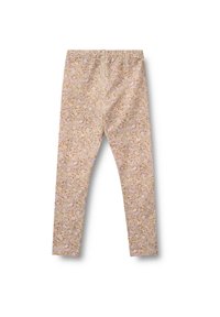 Legginsy w kwiaty z jasnym pastelowym tłem, ozdobione różowymi, fioletowymi i złotymi akcentami. Miękka tkanina, elastyczny pas, dopasowany krój.
