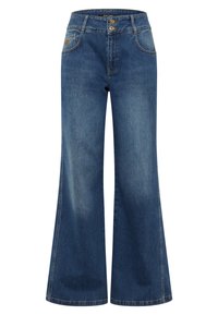 Wide-leg blue denim jeans with a high waist, featuring two button closures and stitched front pockets. Smooth texture with a faded finish.