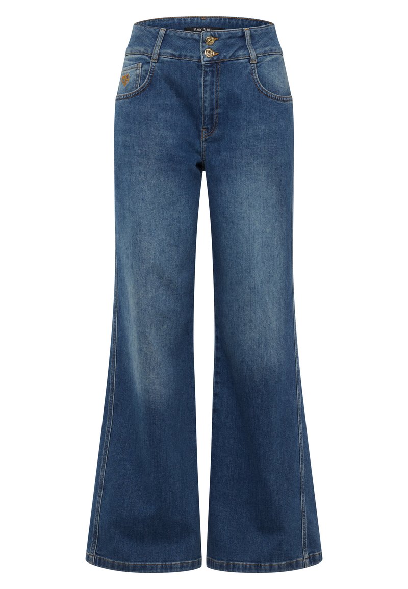 Wide-leg blue denim jeans with a high waist, featuring two button closures and stitched front pockets. Smooth texture with a faded finish.