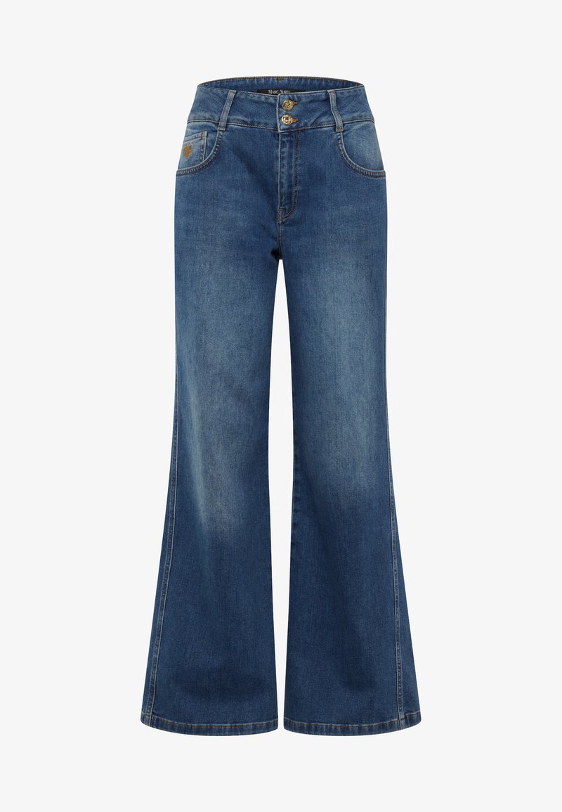 Weite blaue Denim-Jeans mit hoher taille, ausgestattet mit zwei Knopfverschlüssen und genähten Vordertaschen. Glatte Textur mit einem ausgewaschenen Finish.