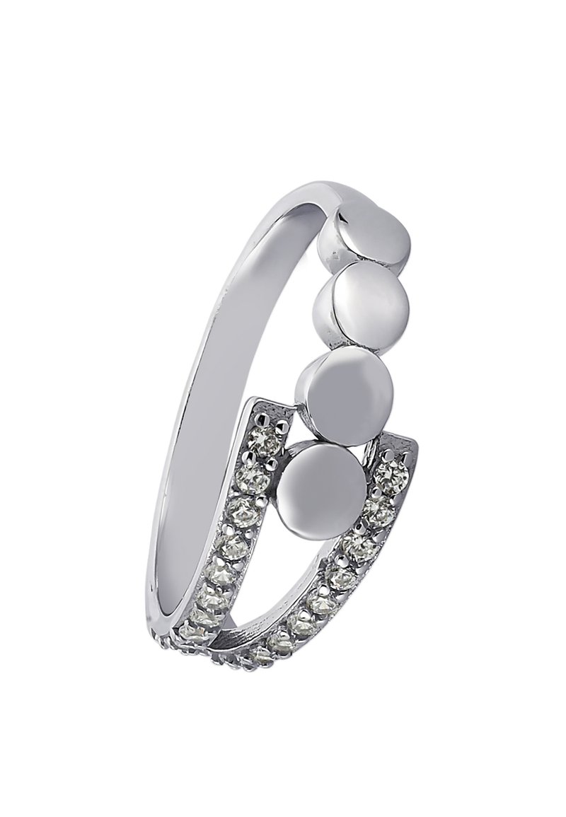 Anneau en argent avec des accents arrondis polis, présentant une bande courbée et une rangée de petites pierres précieuses claires le long d'un côté.