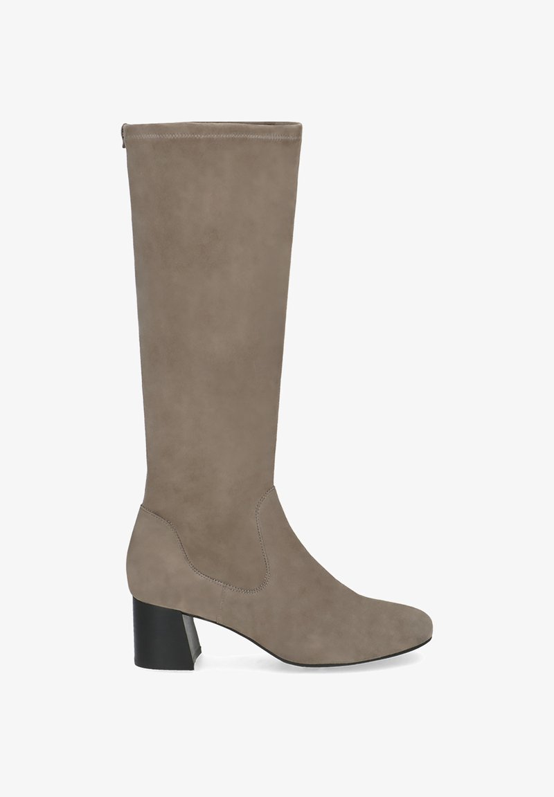 Knee-high taupe suede boot with a block heel, featuring a smooth texture and minimalist design, ideal for various outfits.