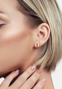 Silver hästskoformade stiftörhängen med en polerad yta, inlagda med klara stenar, visade på en modells öra.