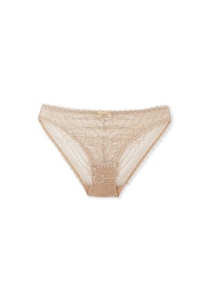 Spitzen-Bikini-Slip in hellbeiger Farbe mit floralem Muster, gezackten Kanten und einer kleinen Schleifenverzierung vorne.