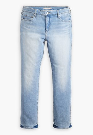 Light blue denim jeans featuring a straight cut, five-pocket design, and a faded finish with a rolled hem at the ankles.