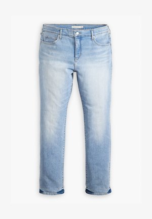Jeans din denim de un albastru deschis, cu croială dreaptă, design cu cinci buzunare și un finisaj uzat, cu tiv rulat la glezne.
