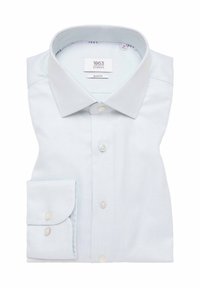 Camicia di cotone azzurro chiaro con una vestibilità slim, colletto button-down e un taschino sullo manica sinistra. Presenta un sottile motivo testurizzato.