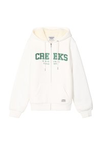 Witte rits hoodie van zachte stof. Heeft een groen logo, voorzakken en een gevoerde capuchon. Met ribbenmanchetten en -tailleband.