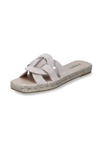Light pink espadrille slide sandal with woven cross straps, natural jute sole, and soft suede texture. Cork footbed for comfort.