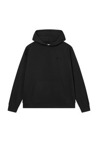 Czarna bluza z kapturem wykonana z miękkiego materiału, z kieszenią kangurką, ściągaczami na rękawach oraz małym logo na piersi. Klasyczny model przez głowę.