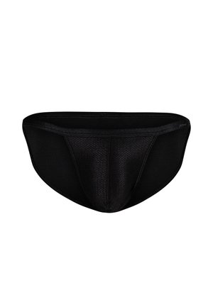 Czarne męskie slipy wykonane z miękkiego, elastycznego materiału o teksturowanym wzorze. Posiadają niski stan oraz elastyczną talię.