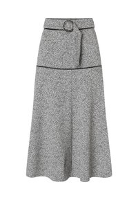 Grauer Tweed-Midirock mit A-Line-Schnitt, dekorativer schwarzer Paspelierung und breitem Bund mit einer runden Schnallenakzent.