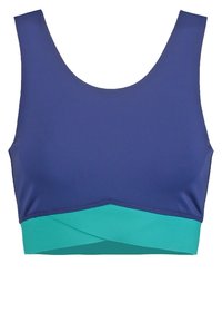 Top corto deportivo azul marino con una banda de color teal en la parte inferior; fabricado en una tela suave y elástica; escote en forma de scoop; construcción elástica.