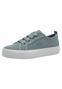 Világoskék vászon sneaker fehér gumi talppal, kerek orral és öt fűzőlyukkal. Díszített varrásokkal és a márka domborított logójával az oldalon.