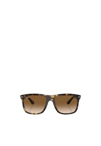 Occhiali da sole tartarugati con lenti graduali marroni, forma quadrata e dettagli in metallo sulle tempie. Presentano il logo Ray-Ban sulla lente sinistra.