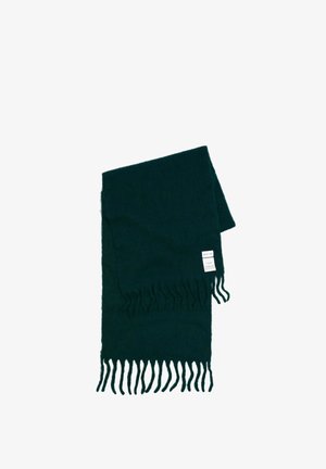 Donkergroene sjaal van zacht, textuur materiaal, met franjes aan de randen en een klein label aan één uiteinde.