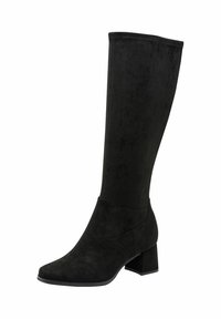 Mustat polven yli yltävät saappaat pehmeästä materiaalista, neliönmuotoisella kärjellä ja keskikokoisella korolla. Suora pinta, minimaalinen yksityiskohtaisuus ja ilman näkyvää metalliosaa.