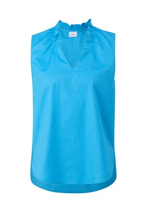 Niebieski bezrękawnik z dekoltem w kształcie litery V i marszczonym wykończeniem. Wykonany z gładkiego materiału, o prostym kroju i delikatnie zaokrąglonym dolnym wykończeniu.