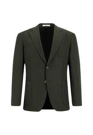 Marynarka w kolorze oliwkowej zieleni wykonana z teksturowanej tkaniny, z wyciętym kołnierzem, dwoma guzikami oraz pojedynczą kieszenią na piersi i dwiema przednimi kieszeniami.