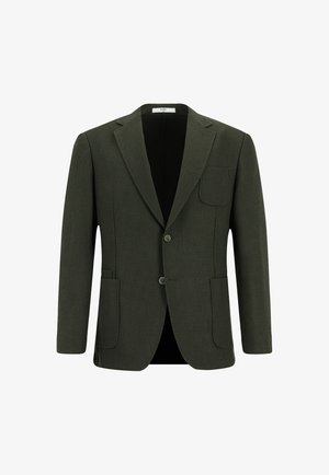 Olivengroene blazer van gestructureerde stof met een notched kraag, twee knopen en een borstzak met twee voorzakken.