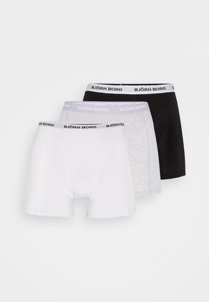 Kolme paria bokserihousuja: valkoisia, harmaita ja mustia. Valmistettu puuvillasta, jossa on joustavat vyötärönauhat, joissa on "BJÖRN BORG" -brändäys.