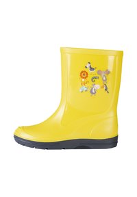 Botte de pluie jaune pour enfants avec semelle noire et autocollants d'animaux amusants, comprenant un lion, un zèbre, un éléphant et un oiseau sur le côté.