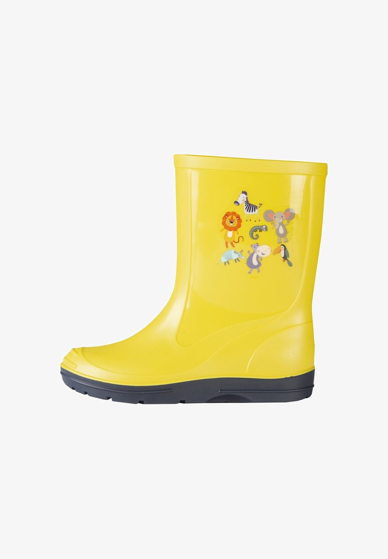 Botte de pluie jaune pour enfants avec semelle noire et autocollants d'animaux amusants, comprenant un lion, un zèbre, un éléphant et un oiseau sur le côté.