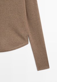 Brown long-sleeve top with a rounded hem, soft texture, and ribbed cuffs. The fabric appears slightly heathered with a smooth finish.