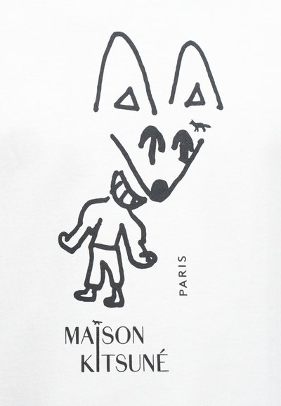 Abstraktní černá linie umění s tváří lišky a osobou s liščí maskou, s textem "Maison Kitsuné Paris" na bílém pozadí.