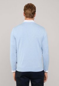 Maglione azzurro chiaro con maniche lunghe, polsini e orlo a coste, tessuto leggero e design pulito. Indossato sopra una camicia bianca con colletto.