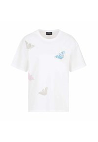 Hvid bomulds t-shirt med uregelmæssigt placerede, teksturerede logoer i lyserød, blå og sølv. Klassisk crew-halsudskæring og korte ærmer.