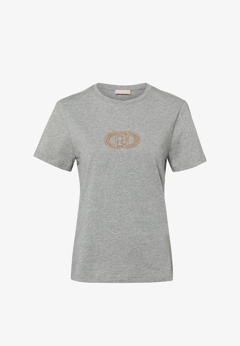 Γκρι κοντομάνικο T-shirt με στρογγυλή λαιμόκοψη και μικρό χρυσό οβάλ λογότυπο στο κέντρο του στήθους.